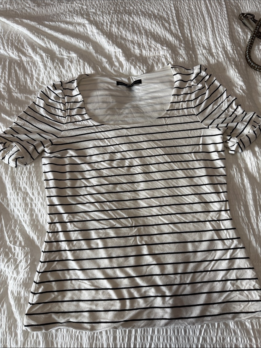 White House Black Market White and Black Striped Scoop Neck Top